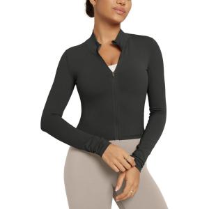 image:imageODODOS Womens FullZip Athletic Jacket Cloud Feeling Soft Long Sleeve SlimFit Running Gym Workout Yoga Cropped TopsOnyx Black Grey