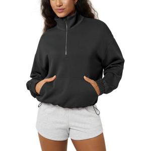 image:imageODODOS Womens Modal Soft Cinchable Sweatshirts Half Zipper Funnel Neck Oversize Pullover with PocketsBlack