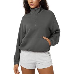 image:imageODODOS Womens Modal Soft Cinchable Sweatshirts Half Zipper Funnel Neck Oversize Pullover with PocketsCharcoal