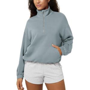 image:imageODODOS Womens Modal Soft Cinchable Sweatshirts Half Zipper Funnel Neck Oversize Pullover with PocketsGrey Blue