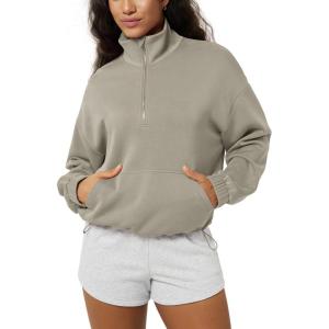 image:imageODODOS Womens Modal Soft Cinchable Sweatshirts Half Zipper Funnel Neck Oversize Pullover with PocketsKhaki
