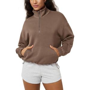 image:imageODODOS Womens Modal Soft Cinchable Sweatshirts Half Zipper Funnel Neck Oversize Pullover with PocketsNutria