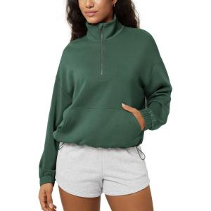 image:imageODODOS Womens Modal Soft Cinchable Sweatshirts Half Zipper Funnel Neck Oversize Pullover with PocketsRainforest Green