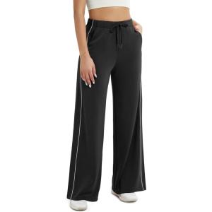 image:imageODODOS Womens Modal Soft Extra Wide Leg Pants with Pockets Drawstring High Waist PullOn Casual PantsPiping Black