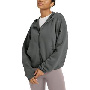 image:imageODODOS Womens Modal Soft Full Zip Hoodie Gathered Hem Long Sleeve Casual Oufit Hooded Jacket with PocketsCharcoal