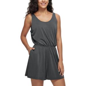 image:imageODODOS Womens Modal Soft Romper with Pockets Elastic Waist Sleeveless Outfit Summer Short JumpsuitsCharcoal