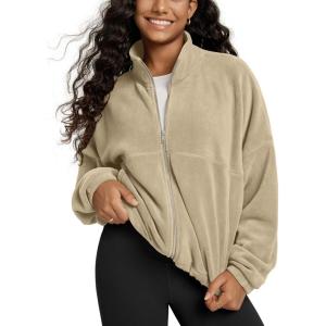 image:imageODODOS Womens Polar Fleece FullZip Cinchable Jacket  Soft Warm Winter Layering Long Sleeve Outerwear with PocketsSandstone