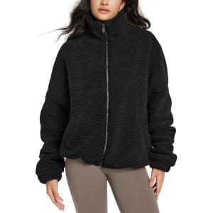 image:imageODODOS Womens Sherpa Fleece FullZip Jacket Long Sleeve Coat Soft Warm Cinchable Outerwear with PocketsBlack