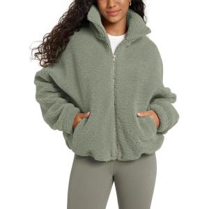 image:imageODODOS Womens Sherpa Fleece FullZip Jacket Long Sleeve Coat Soft Warm Cinchable Outerwear with PocketsCeladon Green