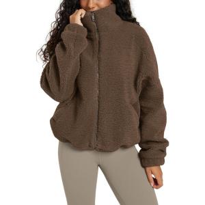 image:imageODODOS Womens Sherpa Fleece FullZip Jacket Long Sleeve Coat Soft Warm Cinchable Outerwear with PocketsCoffee Brown