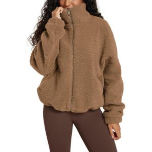 image:imageODODOS Womens Sherpa Fleece FullZip Jacket Long Sleeve Coat Soft Warm Cinchable Outerwear with PocketsCognac Copper