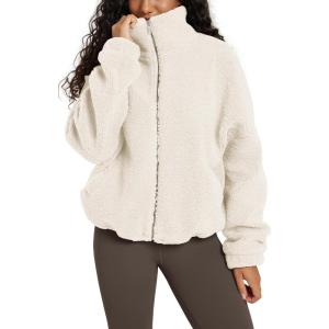 image:imageODODOS Womens Sherpa Fleece FullZip Jacket Long Sleeve Coat Soft Warm Cinchable Outerwear with PocketsIvory