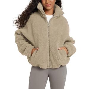 image:imageODODOS Womens Sherpa Fleece FullZip Jacket Long Sleeve Coat Soft Warm Cinchable Outerwear with PocketsKhaki