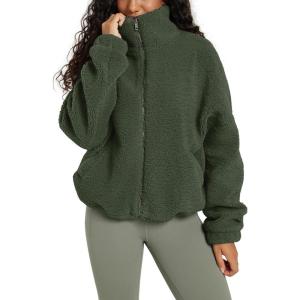 image:imageODODOS Womens Sherpa Fleece FullZip Jacket Long Sleeve Coat Soft Warm Cinchable Outerwear with PocketsMoss Green