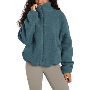 image:imageODODOS Womens Sherpa Fleece FullZip Jacket Long Sleeve Coat Soft Warm Cinchable Outerwear with PocketsSaxony Blue