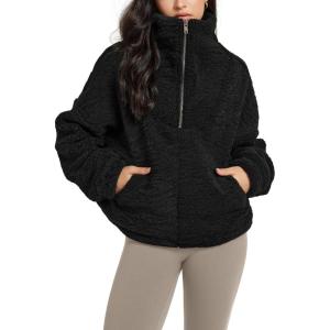 image:imageODODOS Womens Sherpa Fleece HalfZip Pullover  Cozy Warm Long Sleeve Sweatshirt Cinchable Outerwear with PocketsBlack