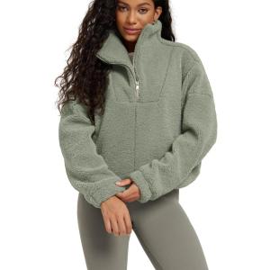 image:imageODODOS Womens Sherpa Fleece HalfZip Pullover  Cozy Warm Long Sleeve Sweatshirt Cinchable Outerwear with PocketsCeladon Green