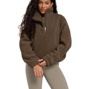 image:imageODODOS Womens Sherpa Fleece HalfZip Pullover  Cozy Warm Long Sleeve Sweatshirt Cinchable Outerwear with PocketsCoffee Brown