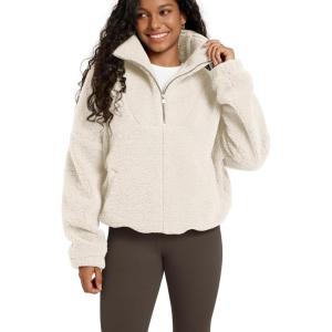 image:imageODODOS Womens Sherpa Fleece HalfZip Pullover  Cozy Warm Long Sleeve Sweatshirt Cinchable Outerwear with PocketsIvory
