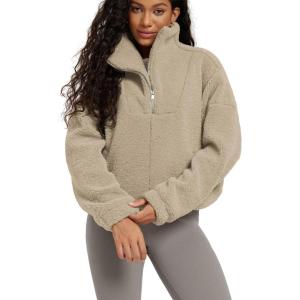 image:imageODODOS Womens Sherpa Fleece HalfZip Pullover  Cozy Warm Long Sleeve Sweatshirt Cinchable Outerwear with PocketsKhaki