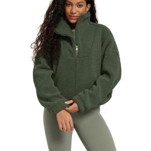 image:imageODODOS Womens Sherpa Fleece HalfZip Pullover  Cozy Warm Long Sleeve Sweatshirt Cinchable Outerwear with PocketsMoss Green