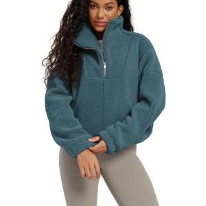 image:imageODODOS Womens Sherpa Fleece HalfZip Pullover  Cozy Warm Long Sleeve Sweatshirt Cinchable Outerwear with PocketsSaxony Blue