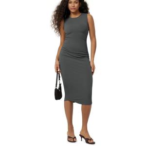 image:imageODODOS Womens Side Shirred Midi Tank Dress Cloud Feeling Crewneck Sleeveless Bodycon DressCharcoal