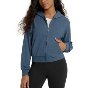image:imageODODOS Womens Stretch Fleece Full Zip Hoodie UltraSoft Cozy Warm Long Sleeve Cropped Jacket with PocketsBijou Blue Heather