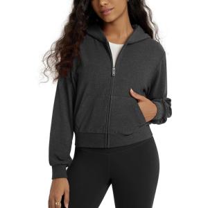 image:imageODODOS Womens Stretch Fleece Full Zip Hoodie UltraSoft Cozy Warm Long Sleeve Cropped Jacket with PocketsCharcoal Heather