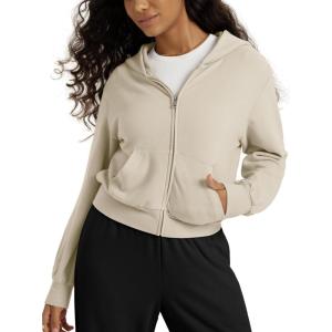 image:imageODODOS Womens Stretch Fleece Full Zip Hoodie UltraSoft Cozy Warm Long Sleeve Cropped Jacket with PocketsOatmeal