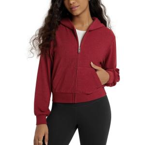 image:imageODODOS Womens Stretch Fleece Full Zip Hoodie UltraSoft Cozy Warm Long Sleeve Cropped Jacket with PocketsSalsa Heather
