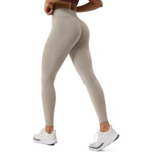 image:imageODODOS Hidden Scrunch Butt Lifting Crossover Leggings for Women  25 No Front Seam High Waist Booty Sculpting Yoga PantsDark Beige