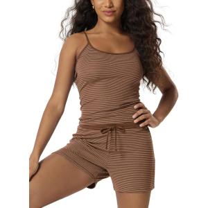 image:imageODODOS Womens 2Piece Cami Pajama Set  Ultra Soft Striped Sleep amp Lounge Set with Adjustable Shorts Home LoungewearBrown Stripe