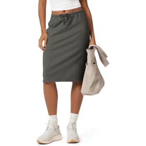 image:imageODODOS Womens Back Split Knee Length Skirt  Cotton French Terry Drawstring Tie High Waist Casual Skirts with PocketsCharcoal