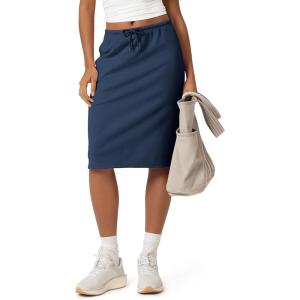 image:imageODODOS Womens Back Split Knee Length Skirt  Cotton French Terry Drawstring Tie High Waist Casual Skirts with PocketsNavy