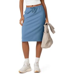 image:imageODODOS Womens Back Split Knee Length Skirt  Cotton French Terry Drawstring Tie High Waist Casual Skirts with PocketsSteel Blue