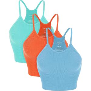image:imageODODOS Womens Crop 3Pack Seamless RibKnit Camisole Crop Tank TopsAquaorangecyan Blue