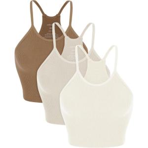 image:imageODODOS Womens Crop 3Pack Seamless RibKnit Camisole Crop Tank TopsIvorystar Whiteermine