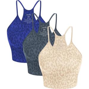 image:imageODODOS Womens Crop 3Pack Seamless RibKnit Camisole Crop Tank TopsLeopard Creamsteelcobalt