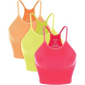 image:imageODODOS Womens Crop 3Pack Seamless RibKnit Camisole Crop Tank TopsNeon Pinkgreenorange