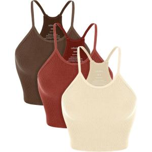 image:imageODODOS Womens Crop 3Pack Seamless RibKnit Camisole Crop Tank TopsOatmealbarn Redbrunette