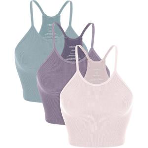 image:imageODODOS Womens Crop 3Pack Seamless RibKnit Camisole Crop Tank TopsPink Lacevioleticeberg
