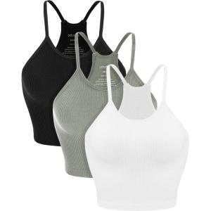 image:imageODODOS Womens Crop 3Pack Seamless RibKnit Camisole Crop Tank TopsWhitegrayblack