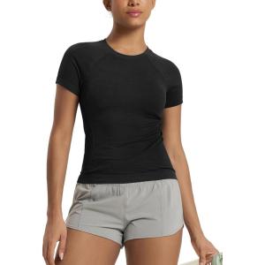 image:imageODODOS Womens Seamless Performance Short Sleeve TShirt  Lightweight Breathable Slim Fit Running Workout Top Waist LengthBlack
