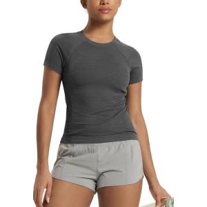 image:imageODODOS Womens Seamless Performance Short Sleeve TShirt  Lightweight Breathable Slim Fit Running Workout Top Waist LengthCharcoal