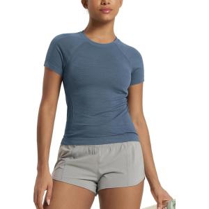 image:imageODODOS Womens Seamless Performance Short Sleeve TShirt  Lightweight Breathable Slim Fit Running Workout Top Waist LengthInk Blue