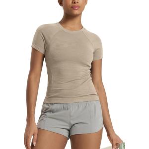 image:imageODODOS Womens Seamless Performance Short Sleeve TShirt  Lightweight Breathable Slim Fit Running Workout Top Waist LengthShaker Beige