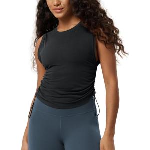 image:imageODODOS Womens Side Ruched Muscle Tee PeachSoft Sleeveless Shirts Crew Neck Tank TopsBlack