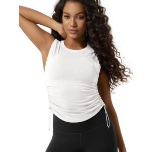 image:imageODODOS Womens Side Ruched Muscle Tee PeachSoft Sleeveless Shirts Crew Neck Tank TopsMilk White