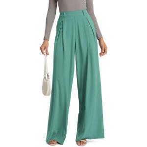 image:imageODODOS Chiffon Flowy Pleated Wide Leg Pants for Women Lightweight High Waist Trouser with Pockets2729 31 InseamLake Green